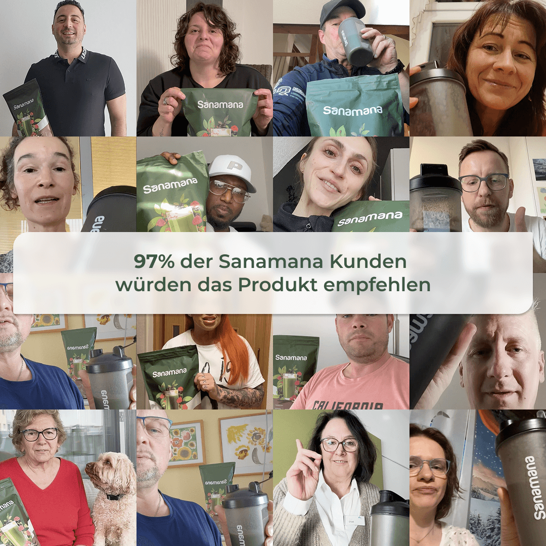 Collage mehrerer zufriedener Sanamana Kunden. 97% der Sanamana Kunden würden das Produkt weiterempfehlen.