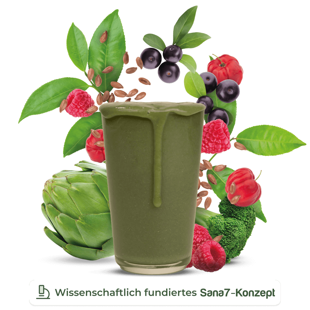 Glas mit Sanamana Shake und verschiedenen Obst und Gemüse Sorten. Darunter der Text: Wissenschaftlich fundiertes Sana7-Konzept.