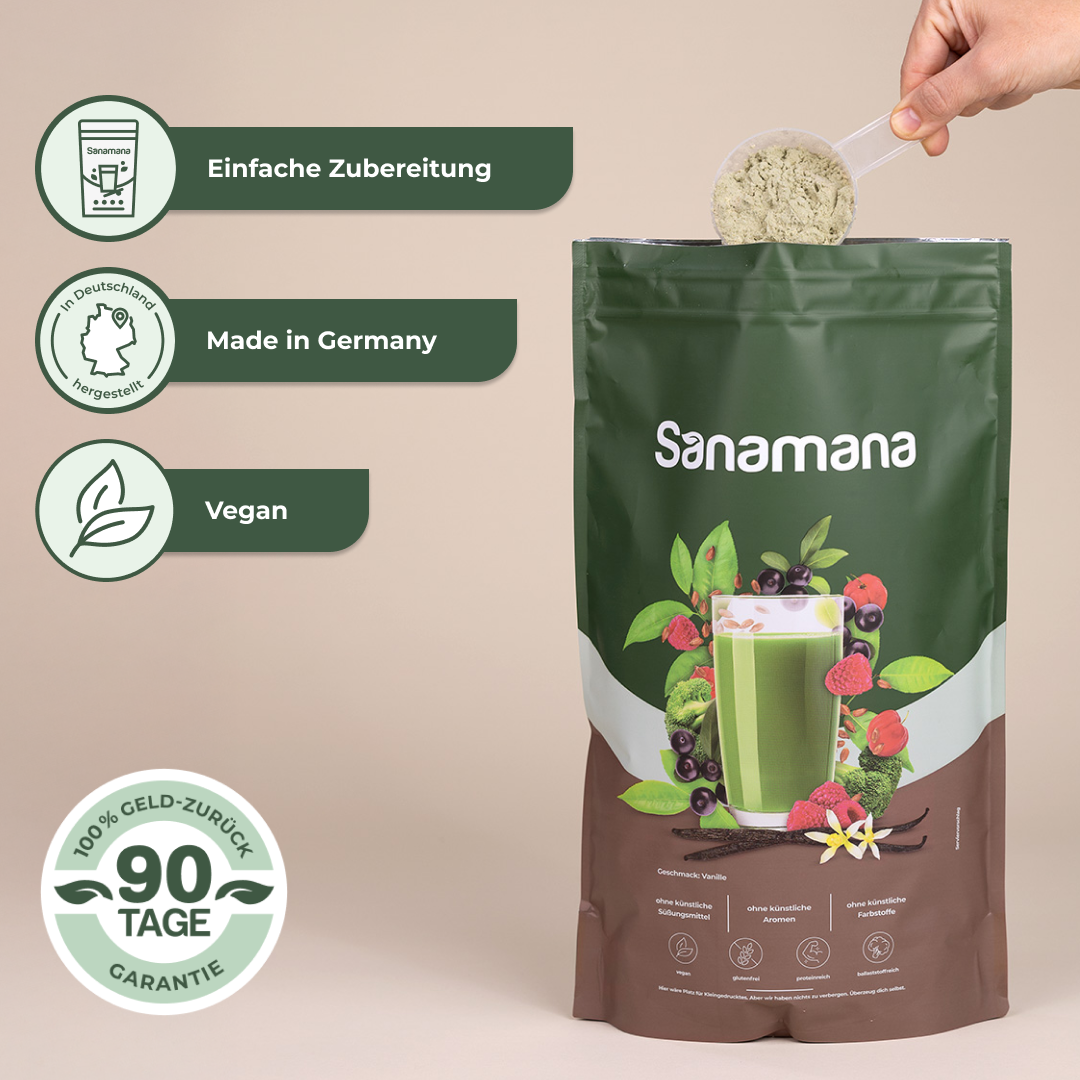 Ein Beutel Sanamana mit einem Messlöffel Shake-Pulver. Daneben steht: Einfache Zubereitung, Made in Germany, Vegan und 90-Tage Geld-zurück-Garantie.