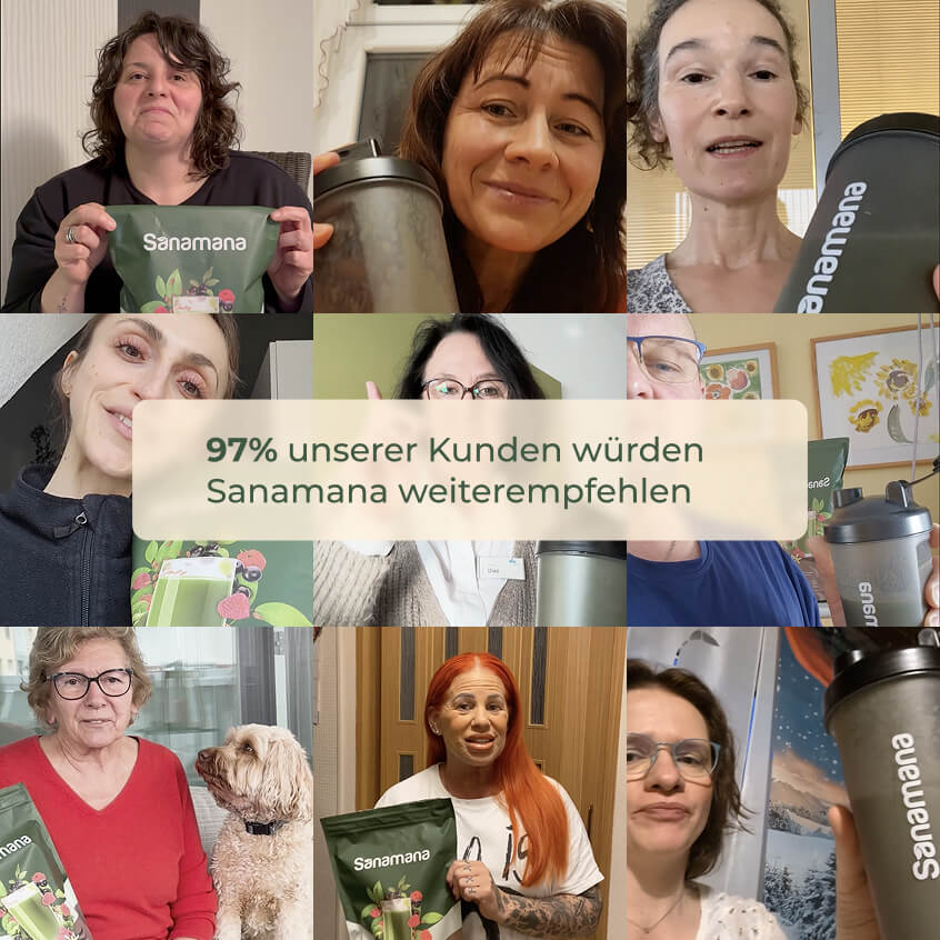 Zusammenstellung zufriedener Sanamana Kunden, die das Produkt weiterempfehlen.
