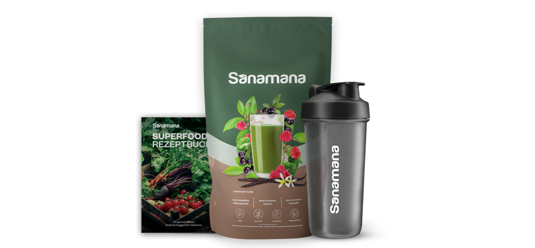 Sanamana Leber-Kur mit Rezeptbuch und Shaker.