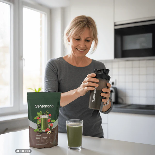 Frau bereitet sich einen Sanamana Shake zu, vor ihr steht ein gefülltes Glas